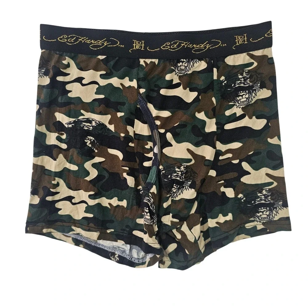 Ed Hardy Mens Camo Tiger Print Boxer Briefs GoldLogo Waistband Camouflage Trunks